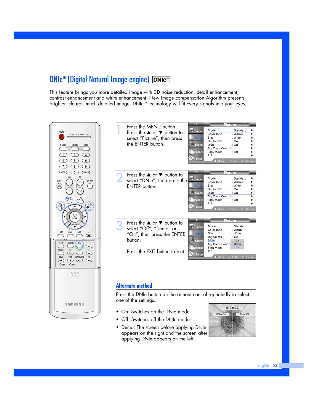 Samsung HL-P4674W instruction manual DNIeTM Digital Natural Image engine 