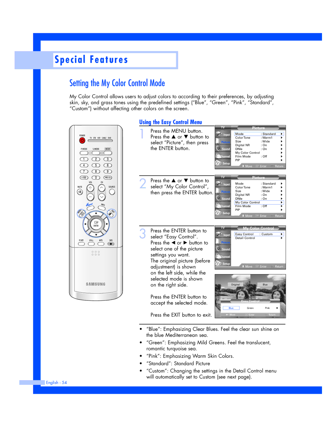 Samsung HL-P4674W instruction manual Setting the My Color Control Mode, Using the Easy Control Menu 