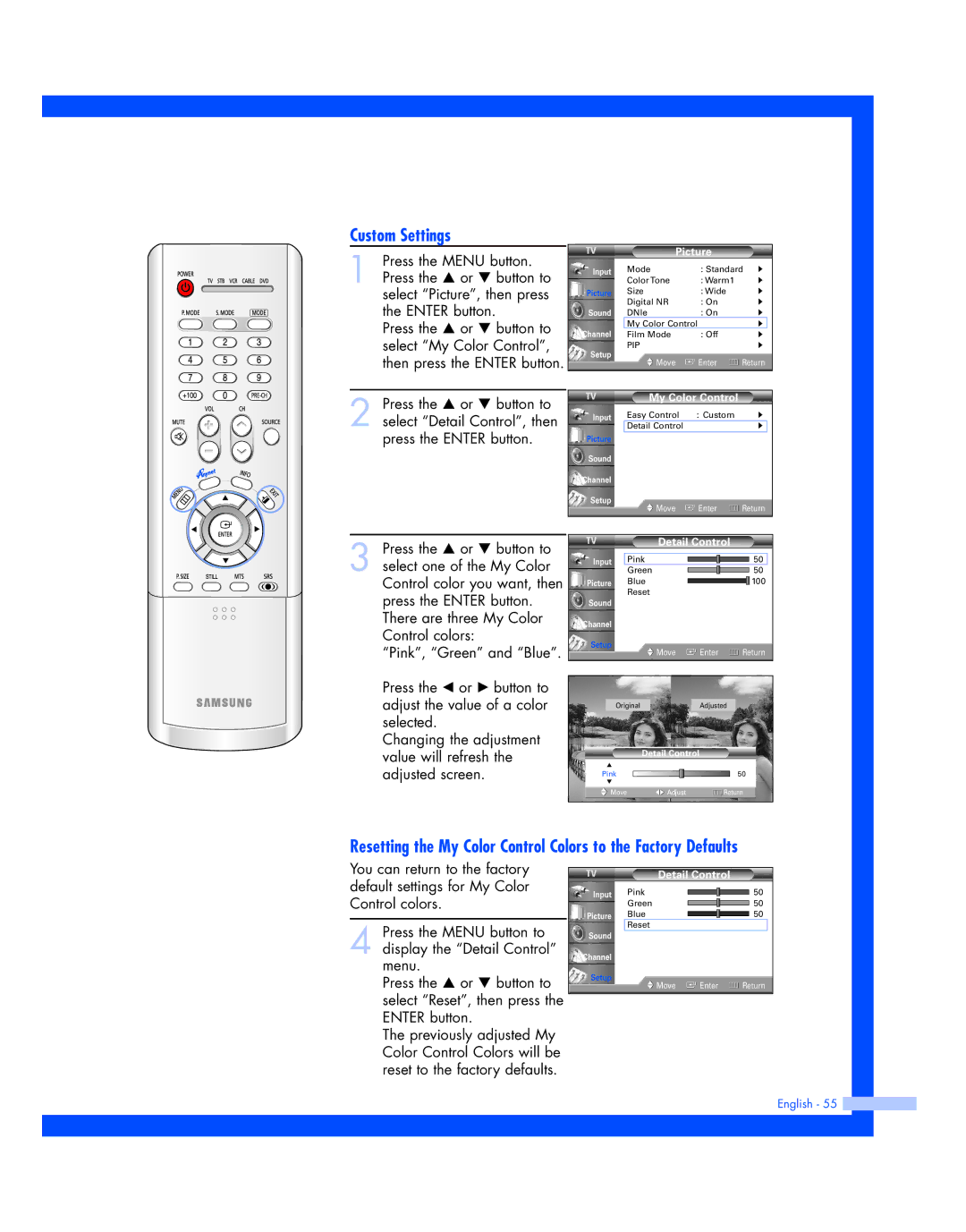 Samsung HL-P4674W instruction manual Custom Settings, Detail Control 