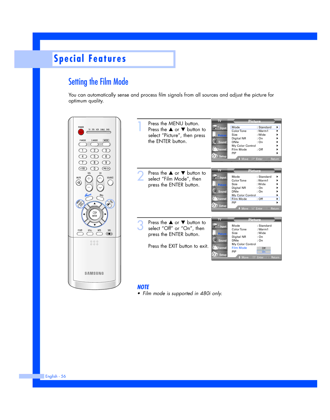 Samsung HL-P4674W instruction manual Setting the Film Mode 