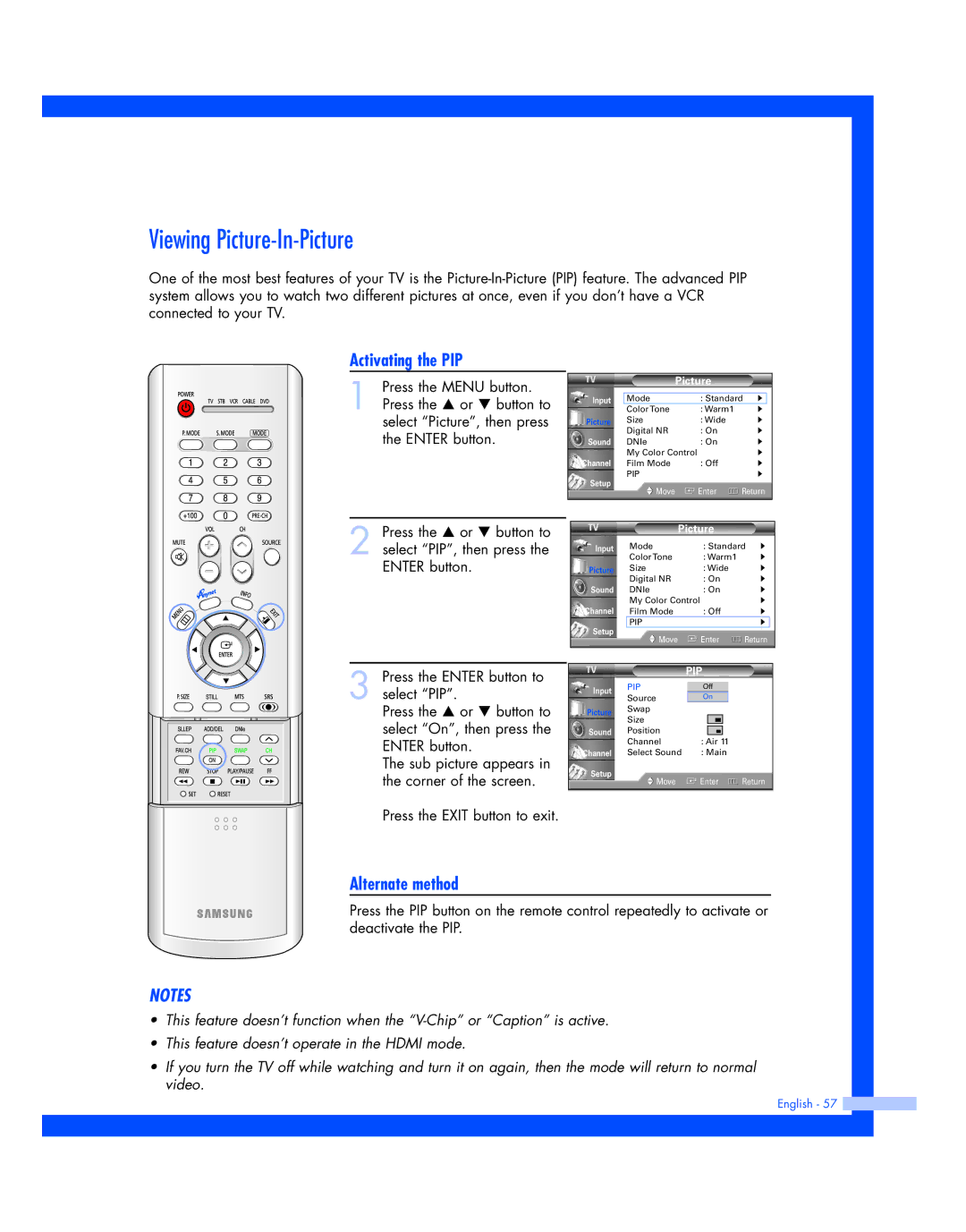 Samsung HL-P4674W instruction manual Viewing Picture-In-Picture, Activating the PIP 