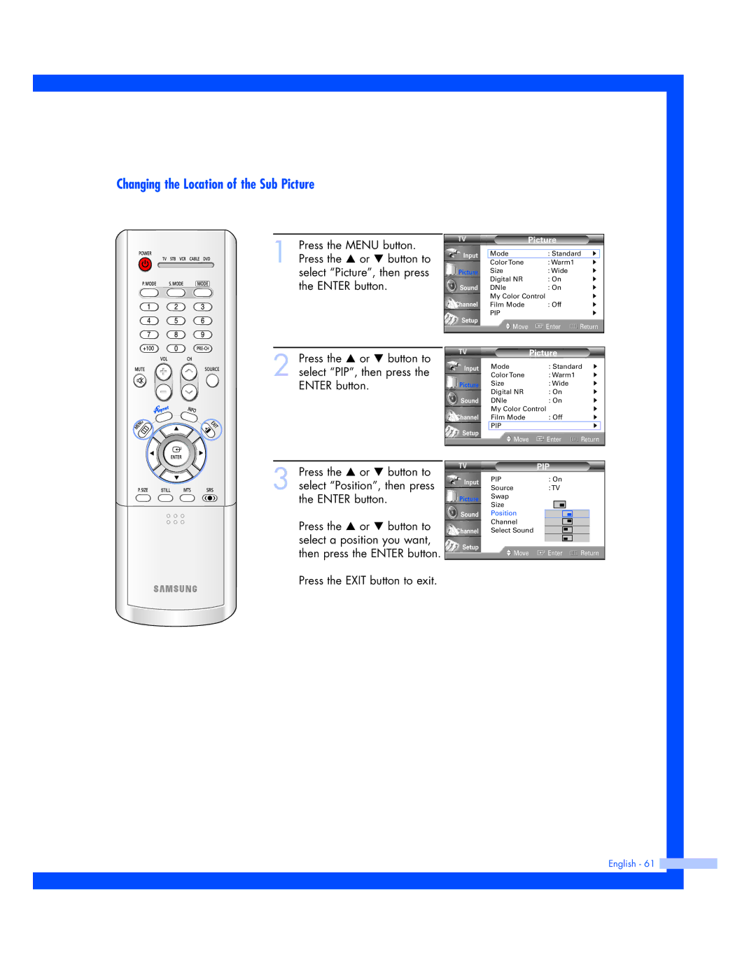 Samsung HL-P4674W instruction manual Changing the Location of the Sub Picture 