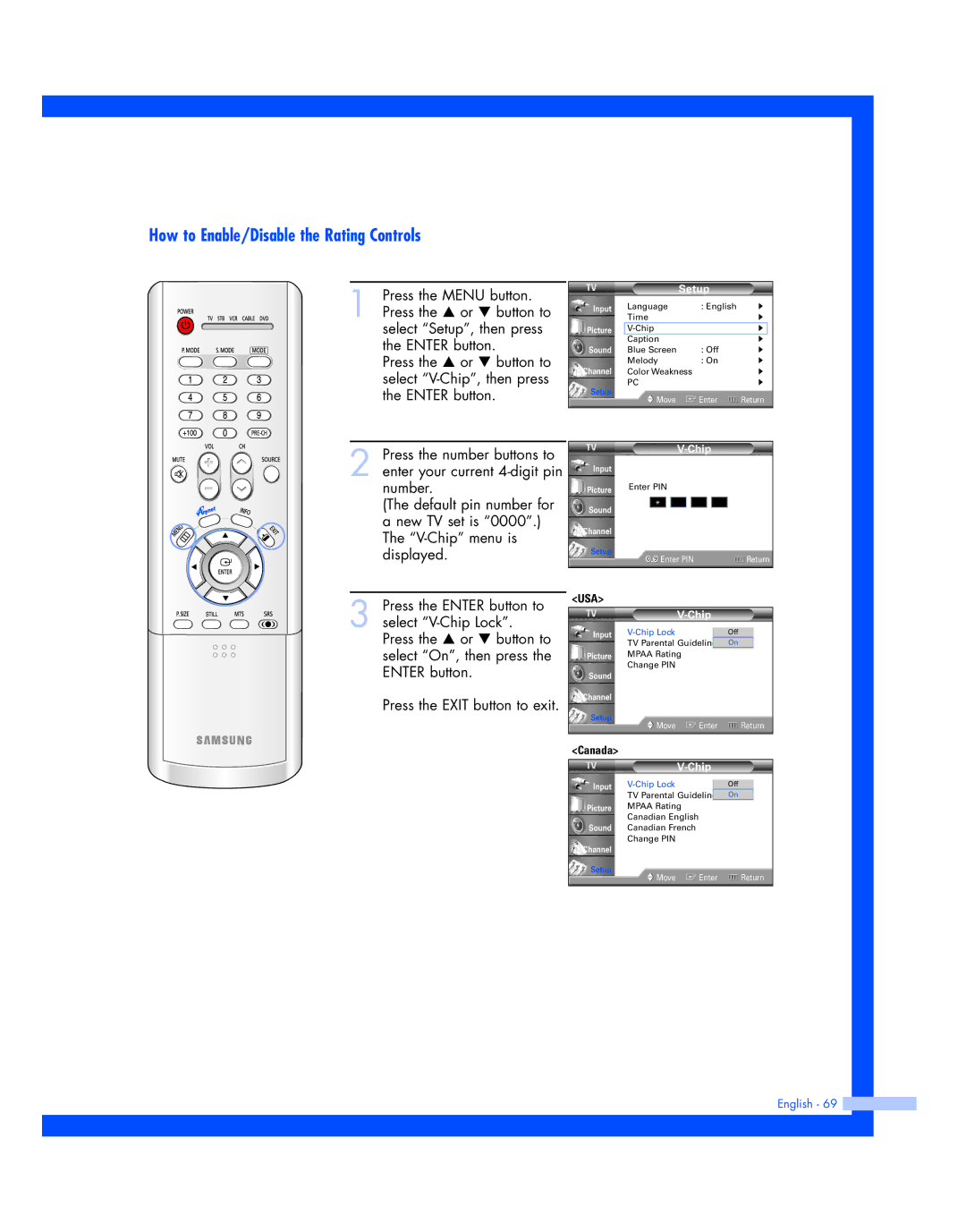 Samsung HL-P4674W instruction manual How to Enable/Disable the Rating Controls, Canada 