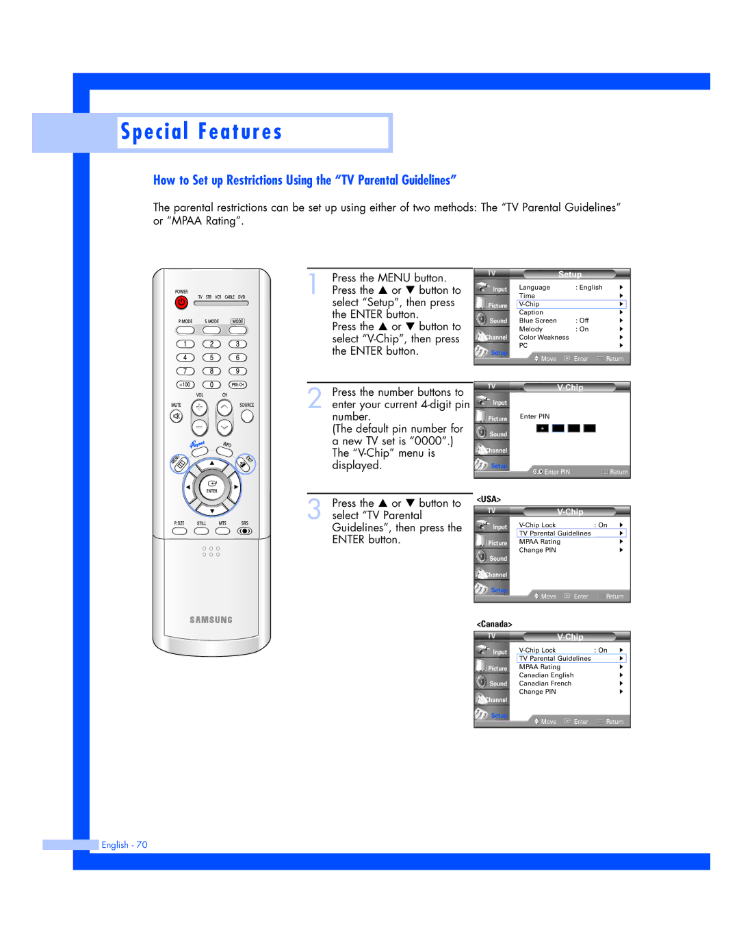 Samsung HL-P4674W instruction manual How to Set up Restrictions Using the TV Parental Guidelines 