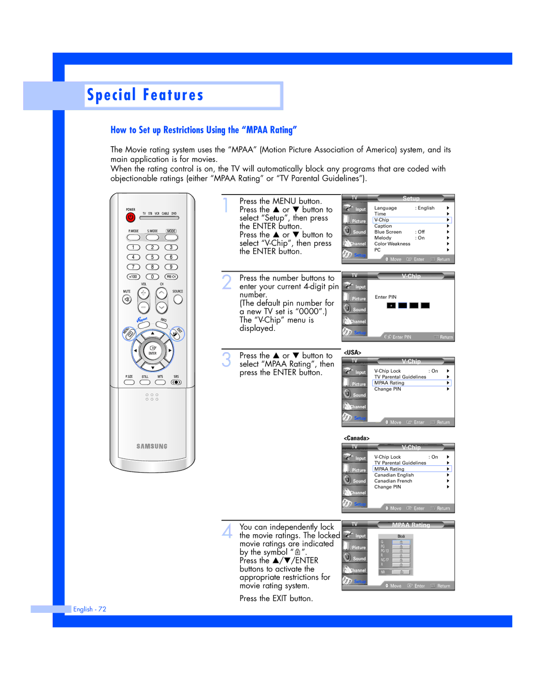 Samsung HL-P4674W instruction manual How to Set up Restrictions Using the Mpaa Rating 