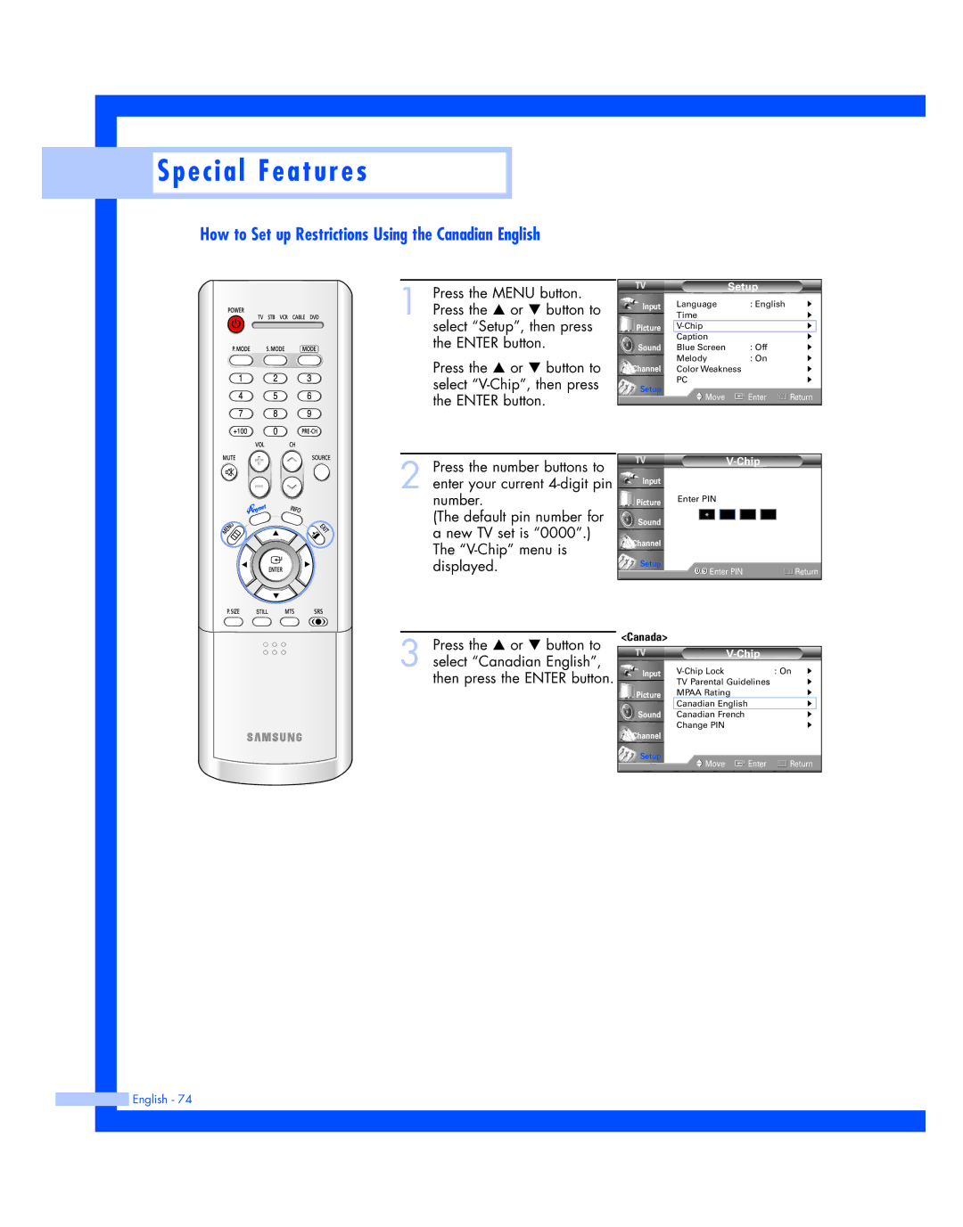 Samsung HL-P4674W instruction manual How to Set up Restrictions Using the Canadian English 