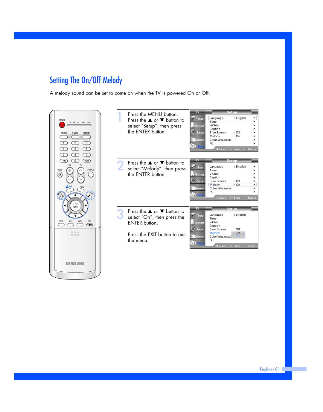 Samsung HL-P4674W instruction manual Setting The On/Off Melody 