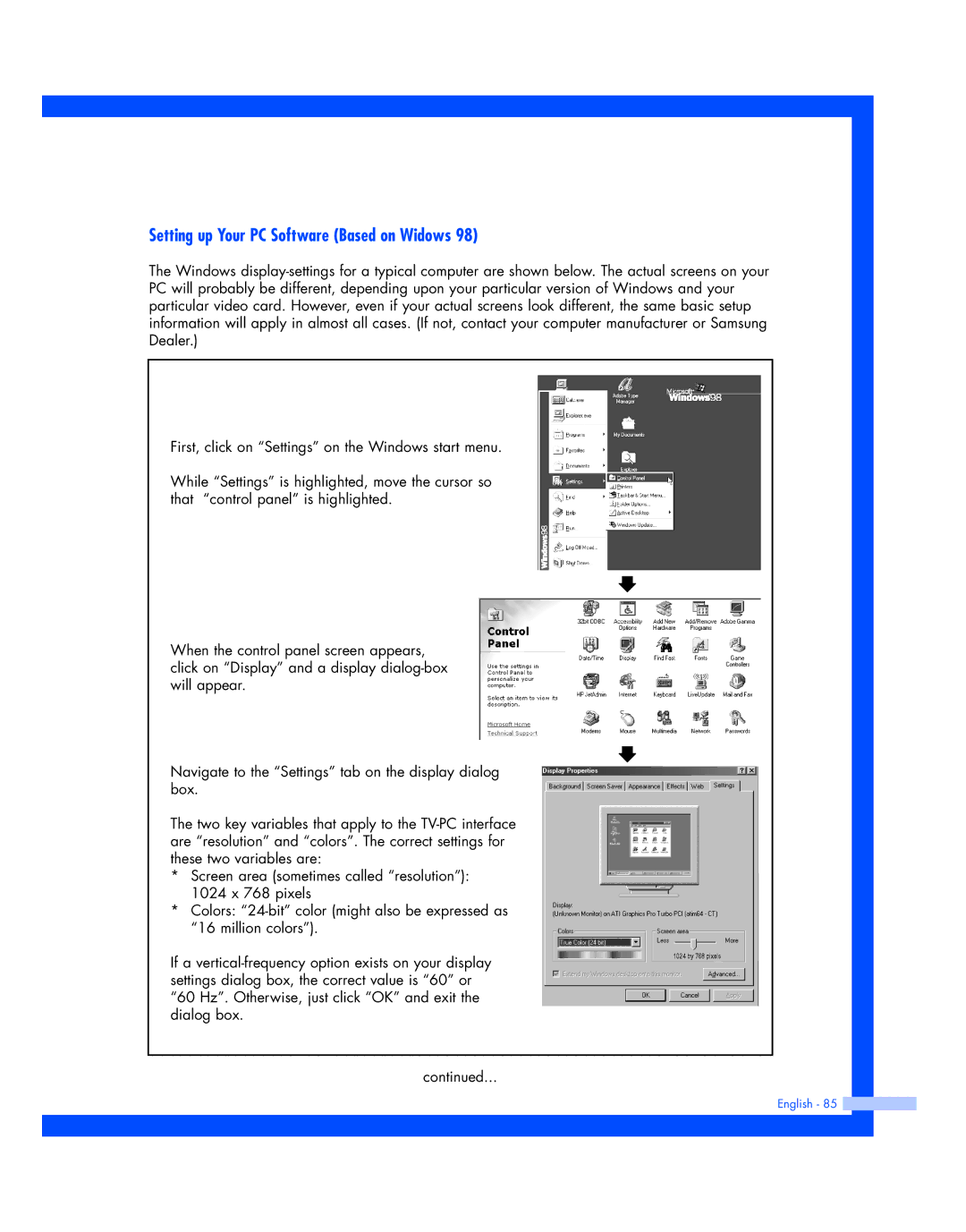 Samsung HL-P4674W instruction manual Setting up Your PC Software Based on Widows 