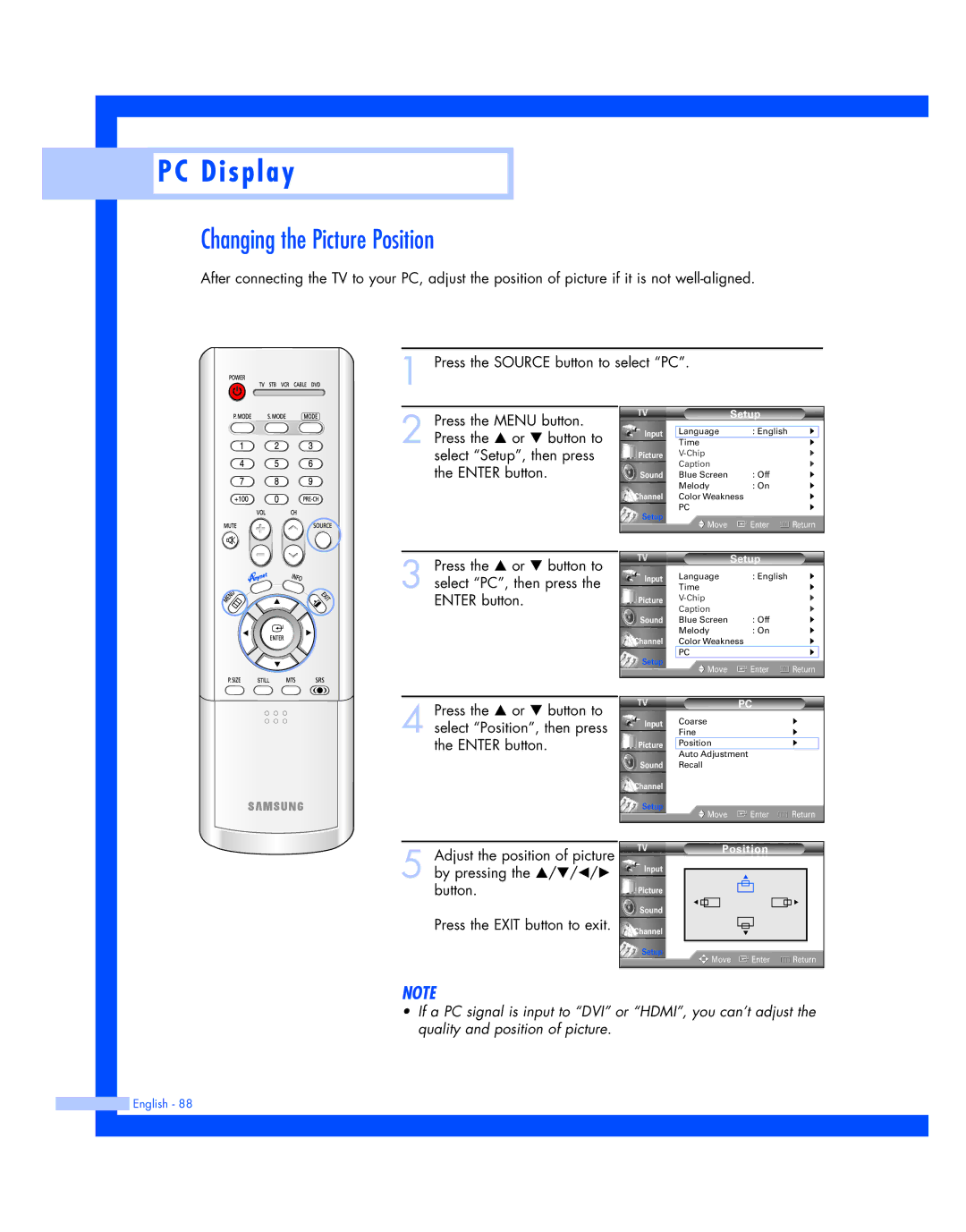 Samsung HL-P4674W instruction manual Changing the Picture Position 