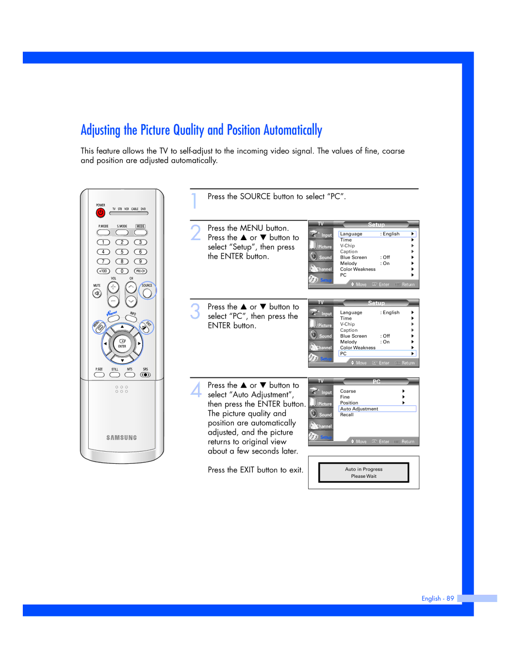 Samsung HL-P4674W instruction manual Adjusting the Picture Quality and Position Automatically 