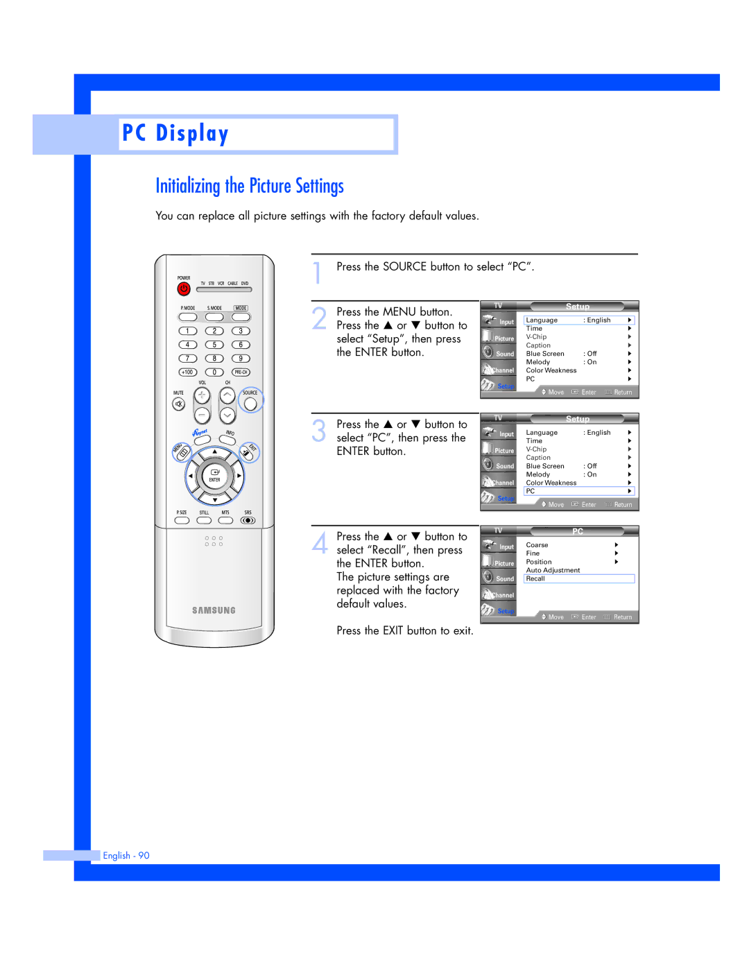 Samsung HL-P4674W instruction manual Initializing the Picture Settings 