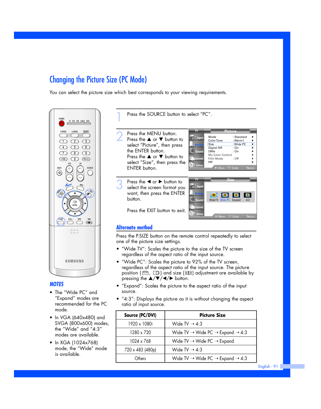 Samsung HL-P4674W instruction manual Changing the Picture Size PC Mode, Source PC/DVI Picture Size 