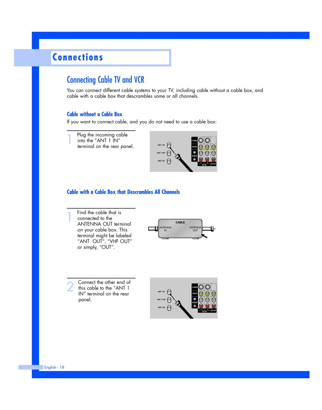 Samsung HL-P4674W instruction manual Connecting Cable TV and VCR, Cable without a Cable Box, C o n n e c t i o n s 