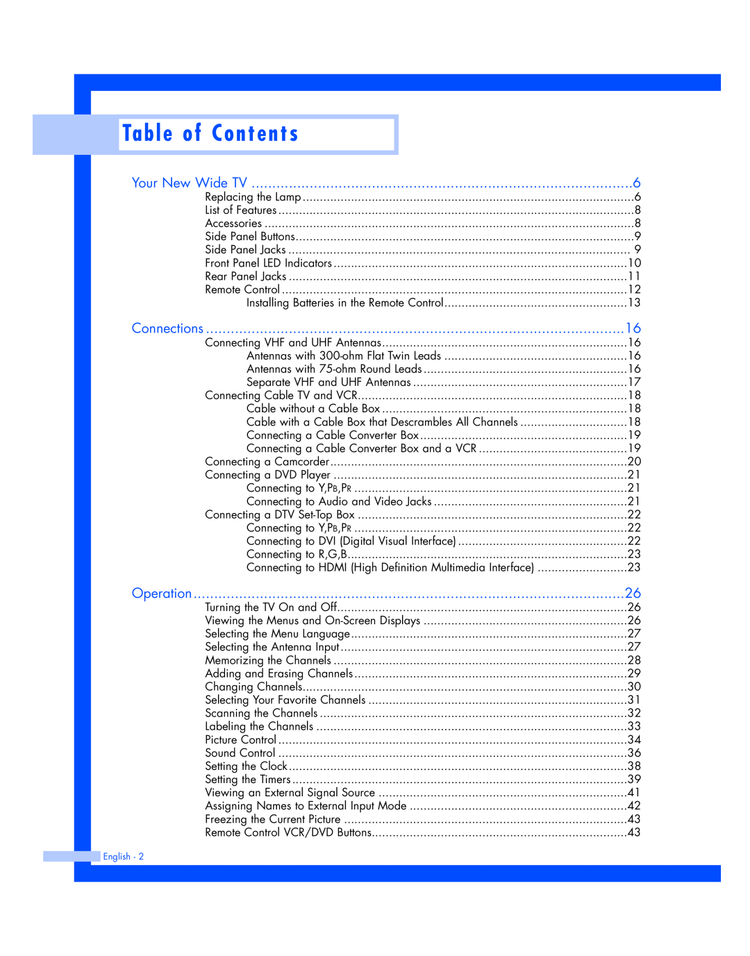 Samsung HL-P4674W instruction manual Table of Contents, Your New Wide TV, Connections, Operation 