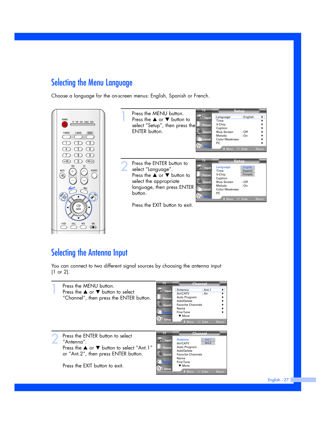 Samsung HL-P4674W instruction manual Selecting the Menu Language, Selecting the Antenna Input 