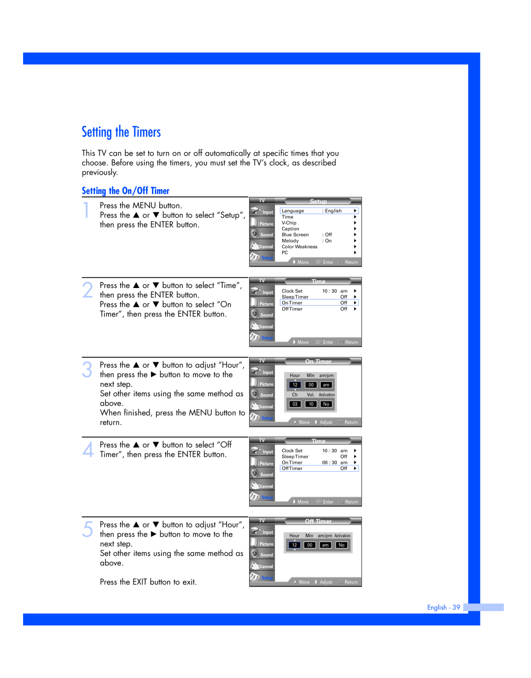 Samsung HL-P4674W instruction manual Setting the Timers, Setting the On/Off Timer 