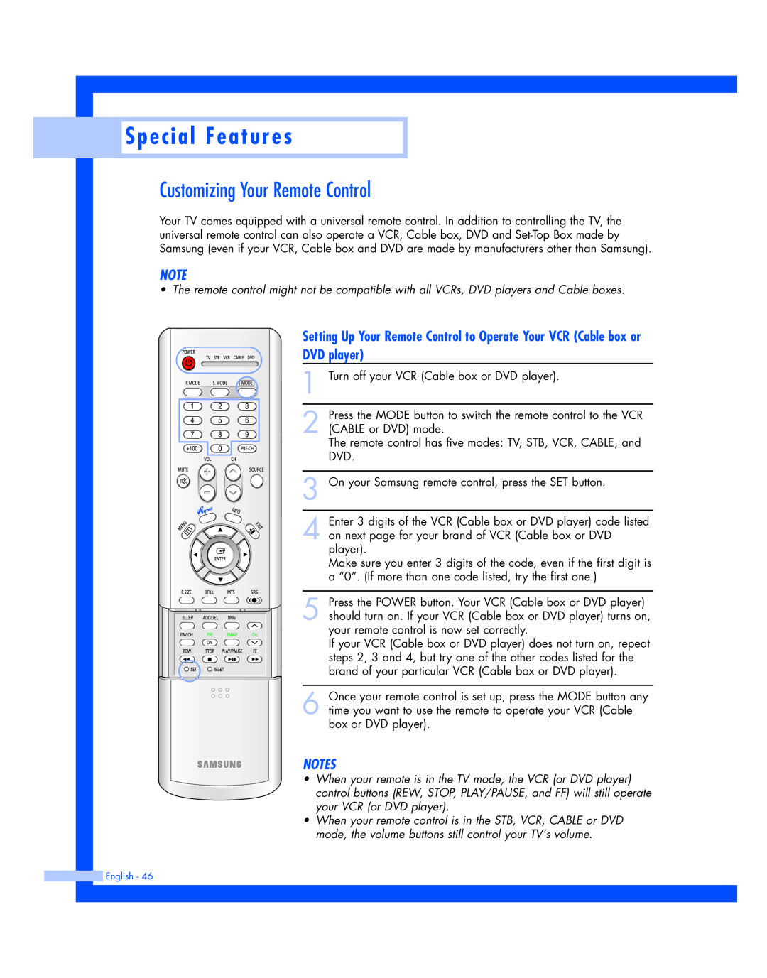Samsung HL-P4674W instruction manual Special Features, Customizing Your Remote Control, DVD player 