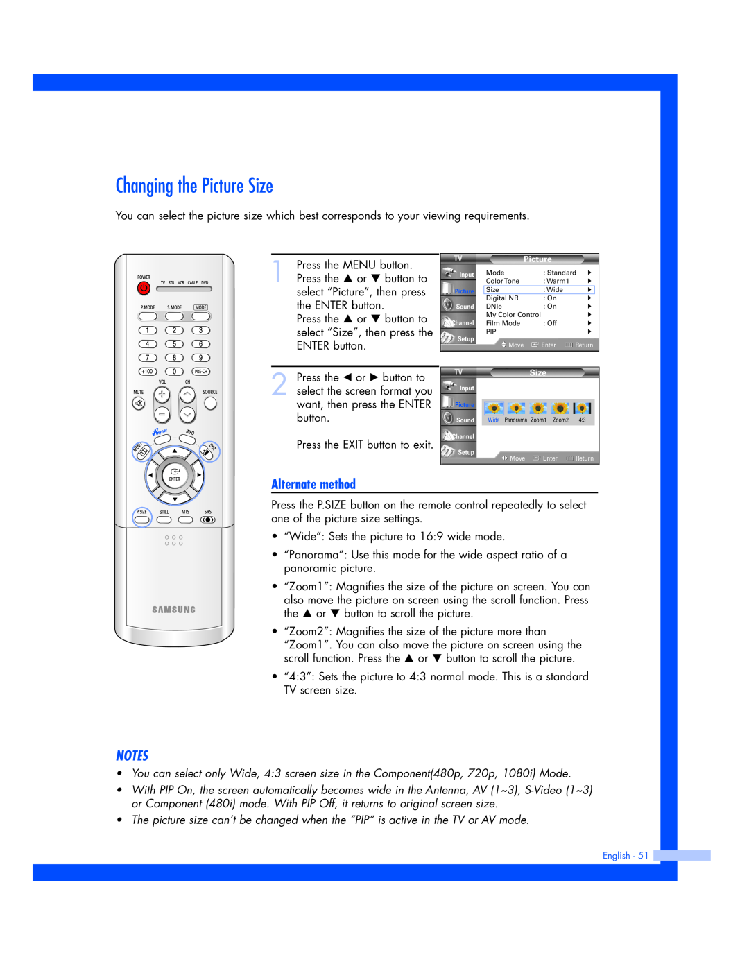 Samsung HL-P4674W instruction manual Changing the Picture Size, Alternate method 