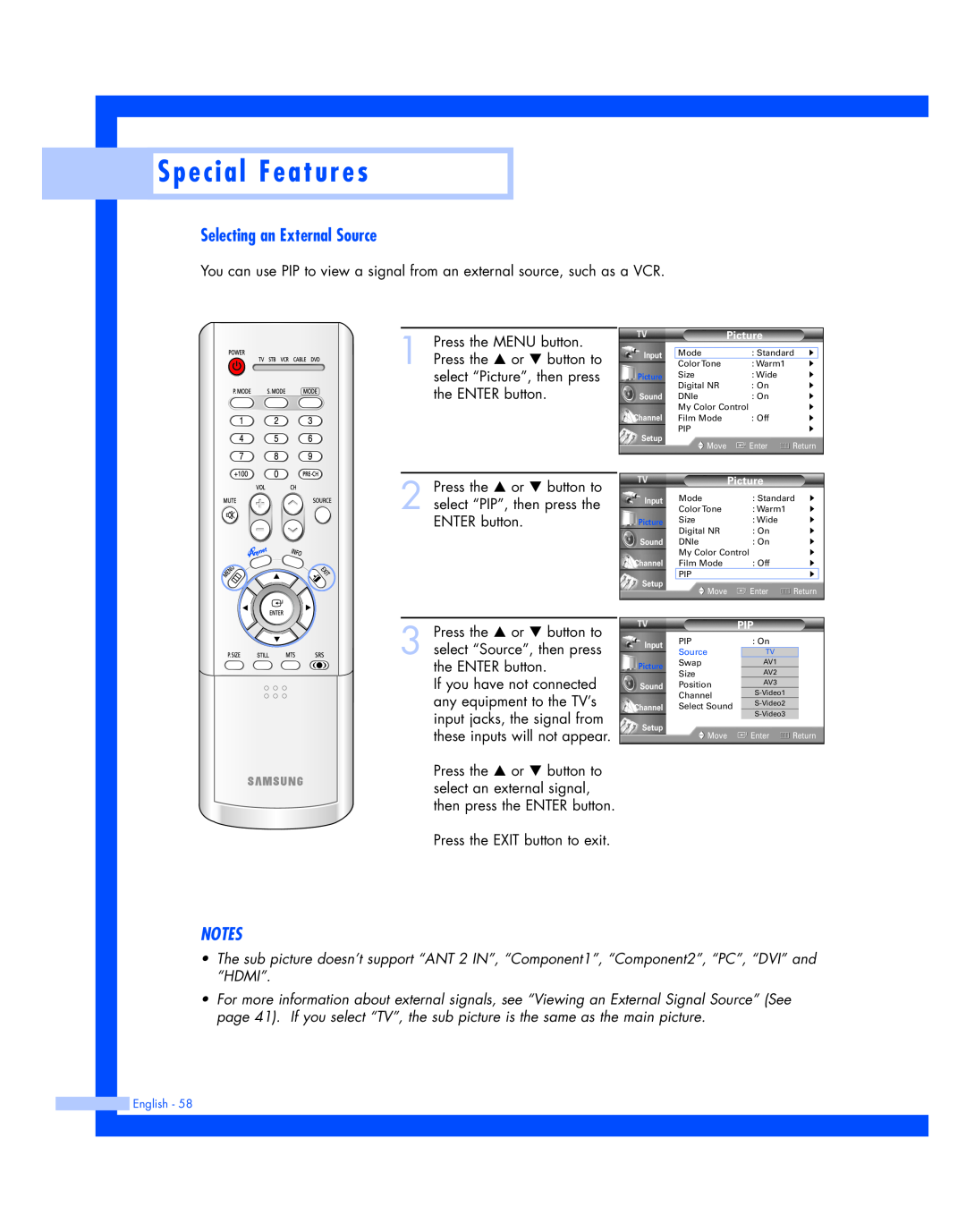 Samsung HL-P4674W instruction manual Selecting an External Source, Special Features 