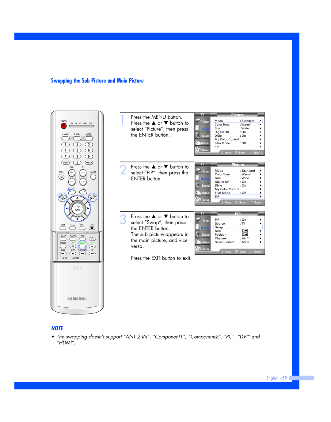 Samsung HL-P4674W instruction manual Swapping the Sub Picture and Main Picture 