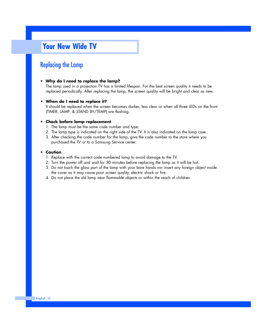 Samsung HL-P4674W instruction manual Your New Wide TV, Replacing the Lamp 