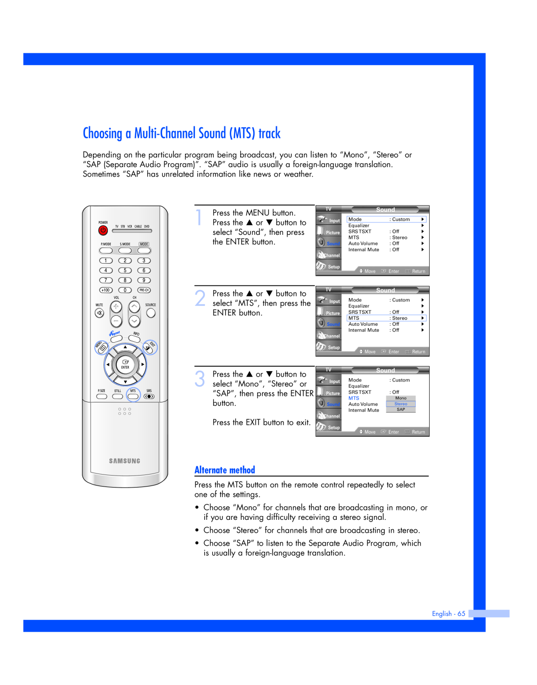 Samsung HL-P4674W instruction manual Choosing a Multi-Channel Sound MTS track, Alternate method 