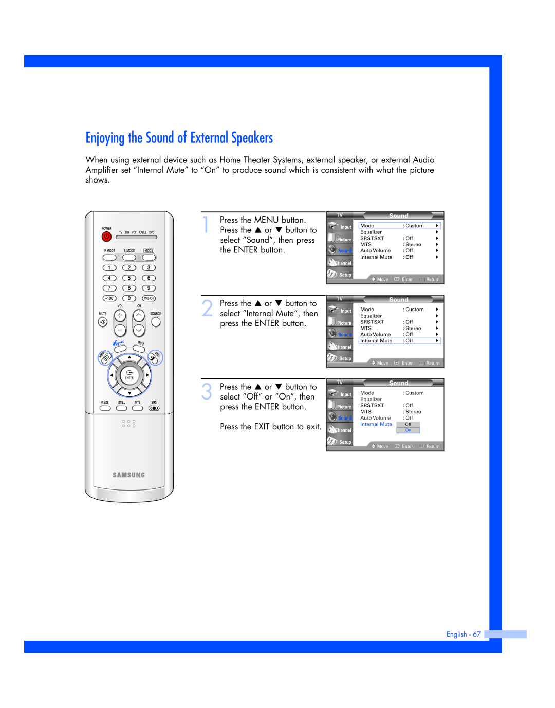 Samsung HL-P4674W instruction manual Enjoying the Sound of External Speakers, Internal Mute 