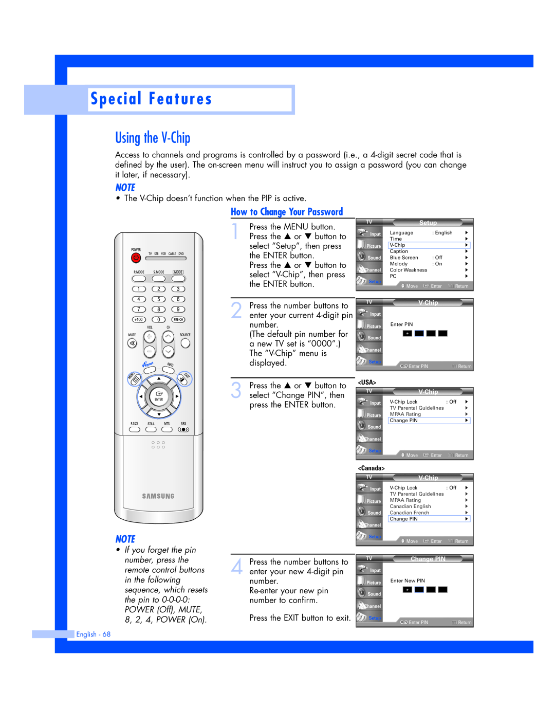 Samsung HL-P4674W instruction manual Using the V-Chip, How to Change Your Password, Special Features 