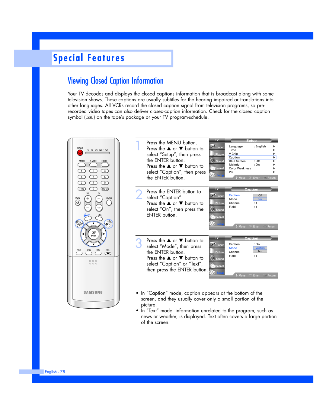 Samsung HL-P4674W instruction manual Viewing Closed Caption Information, Special Features 