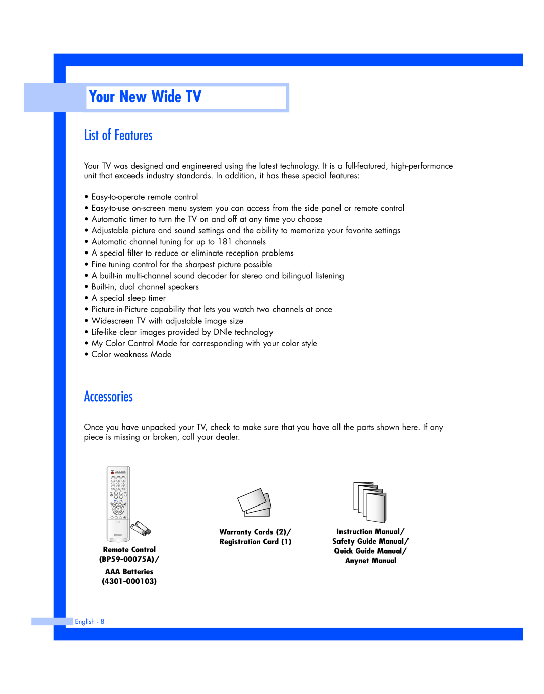Samsung HL-P4674W instruction manual List of Features, Accessories, Your New Wide TV 