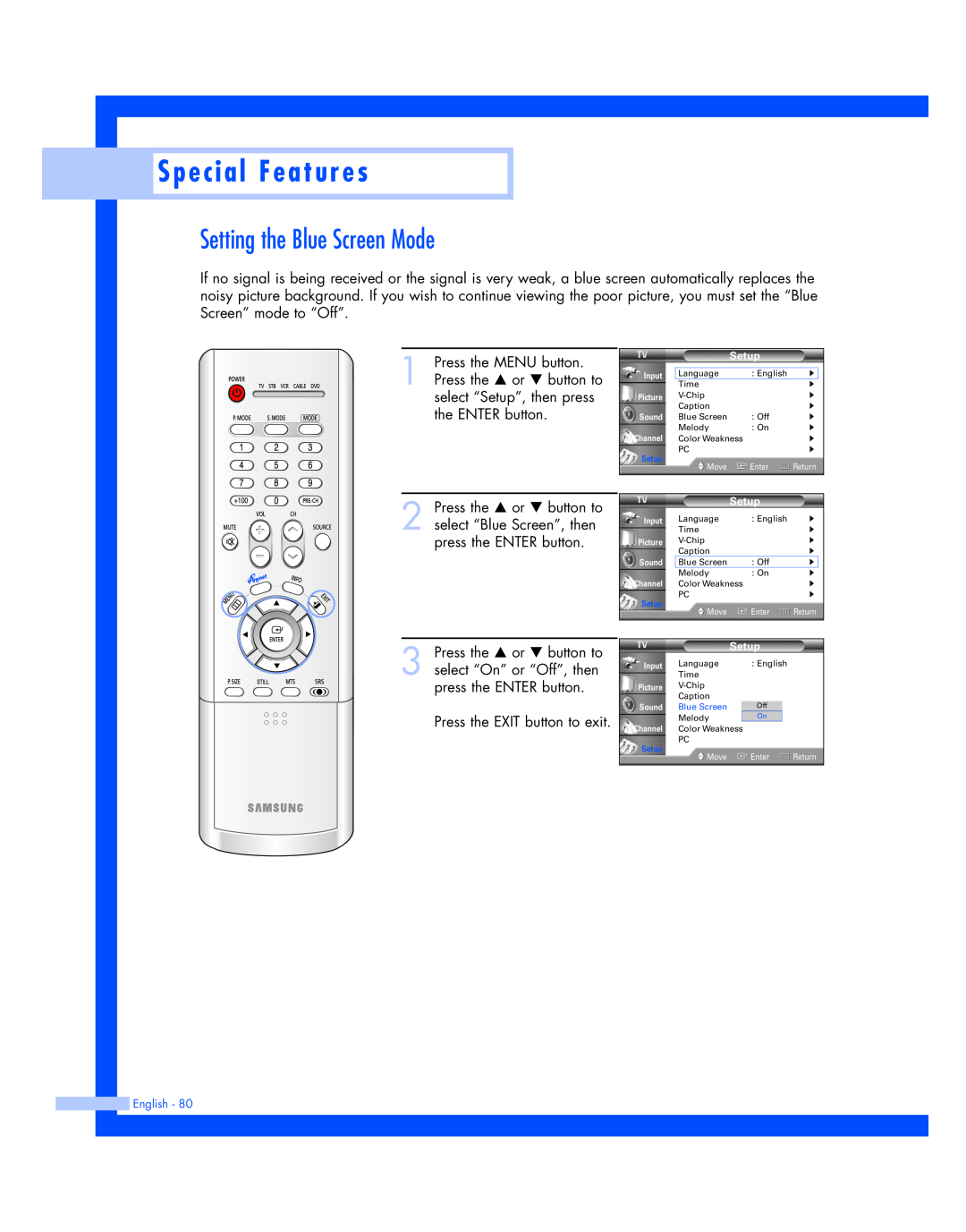 Samsung HL-P4674W instruction manual Setting the Blue Screen Mode, Special Features 