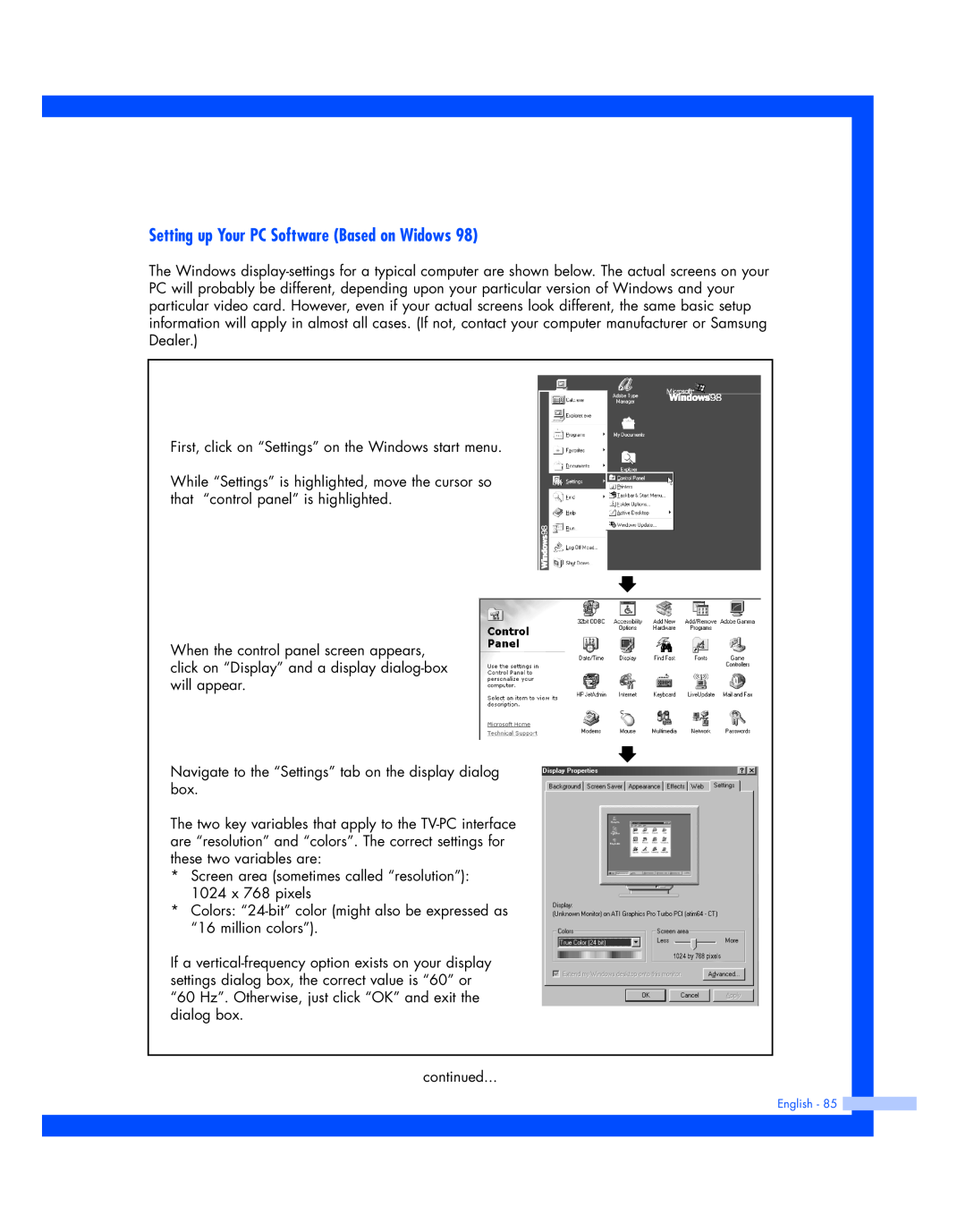 Samsung HL-P4674W instruction manual Setting up Your PC Software Based on Widows 