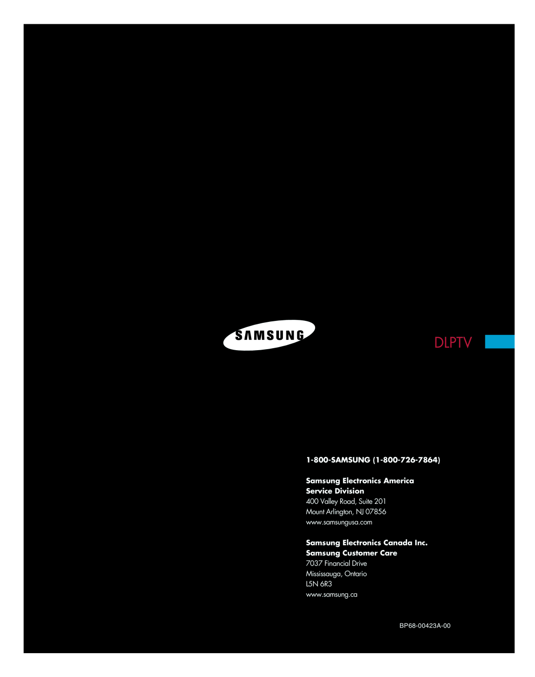 Samsung HL-P4674W instruction manual Dlptv, SAMSUNG Samsung Electronics America Service Division, BP68-00423A-00 