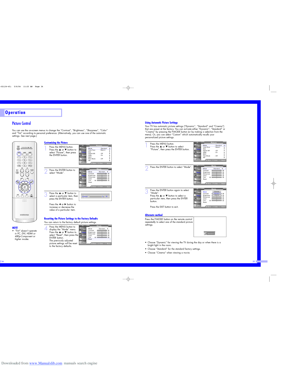 Samsung HL-P6163W, HL-P5063W, HL-P5663W Picture Control, Using Automatic Picture Settings, Customizing the Picture 