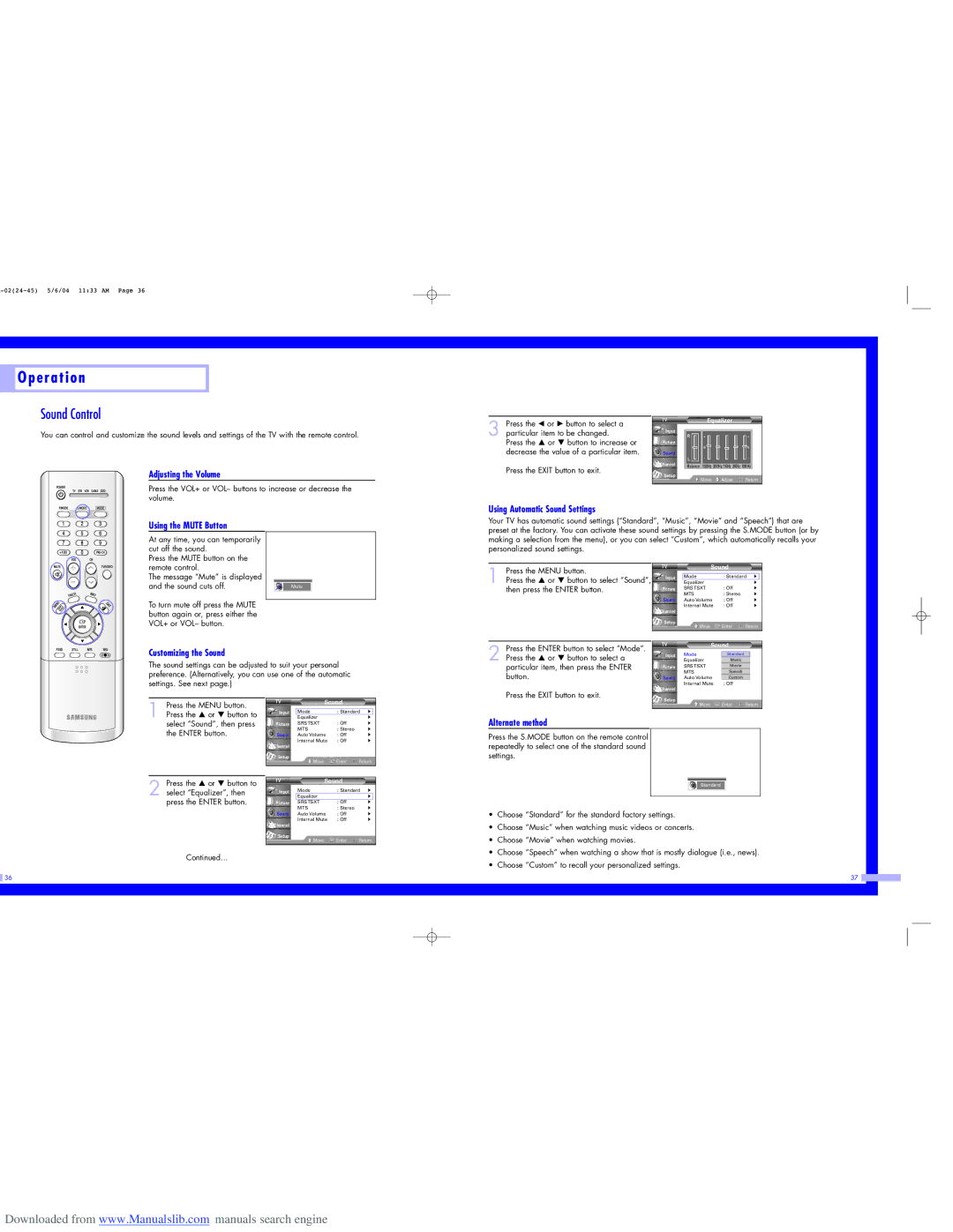 Samsung HL-P5063W, HL-P6163W Sound Control, Adjusting the Volume, Using the Mute Button, Using Automatic Sound Settings 