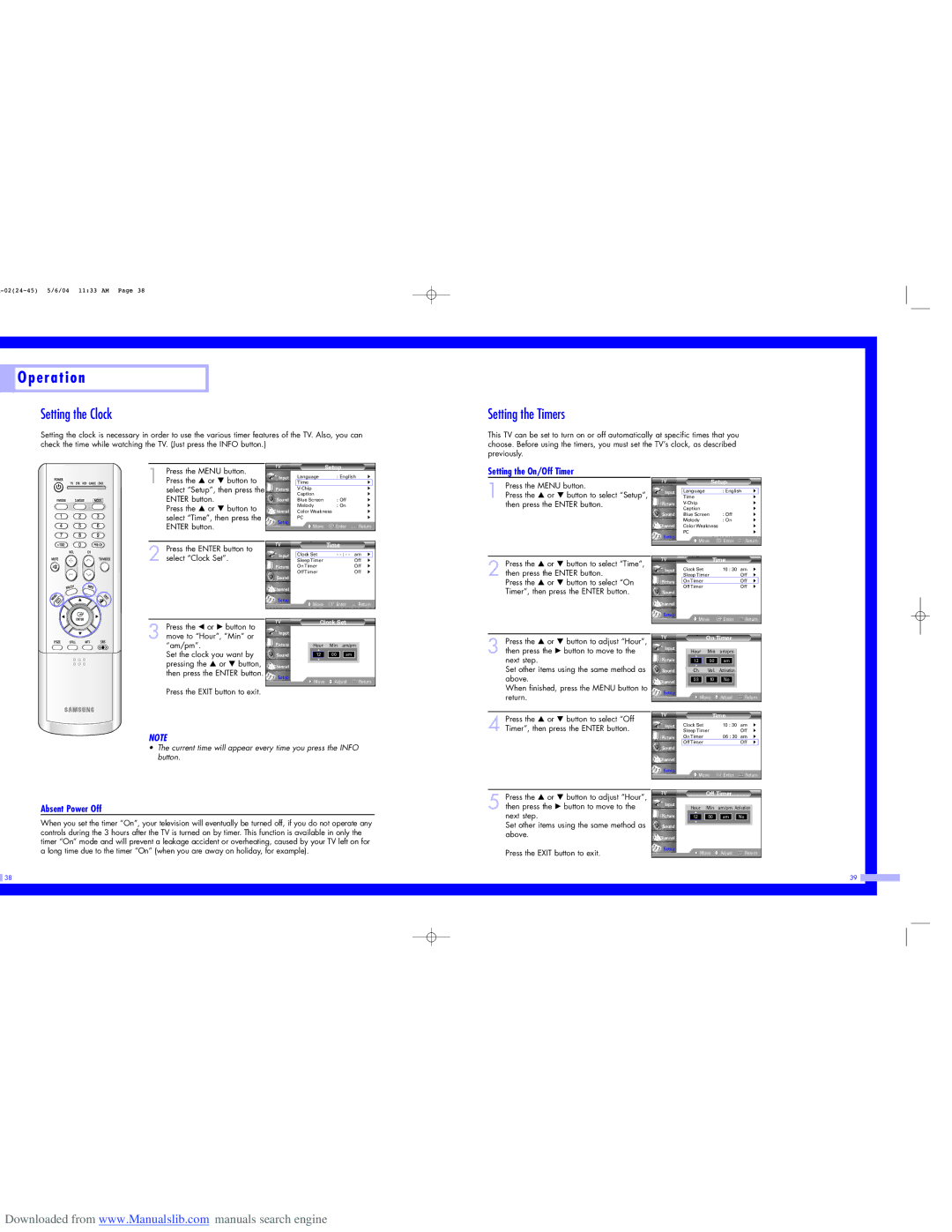 Samsung HL-P5663W, HL-P6163W, HL-P5063W Setting the Clock, Setting the Timers, Setting the On/Off Timer, Absent Power Off 