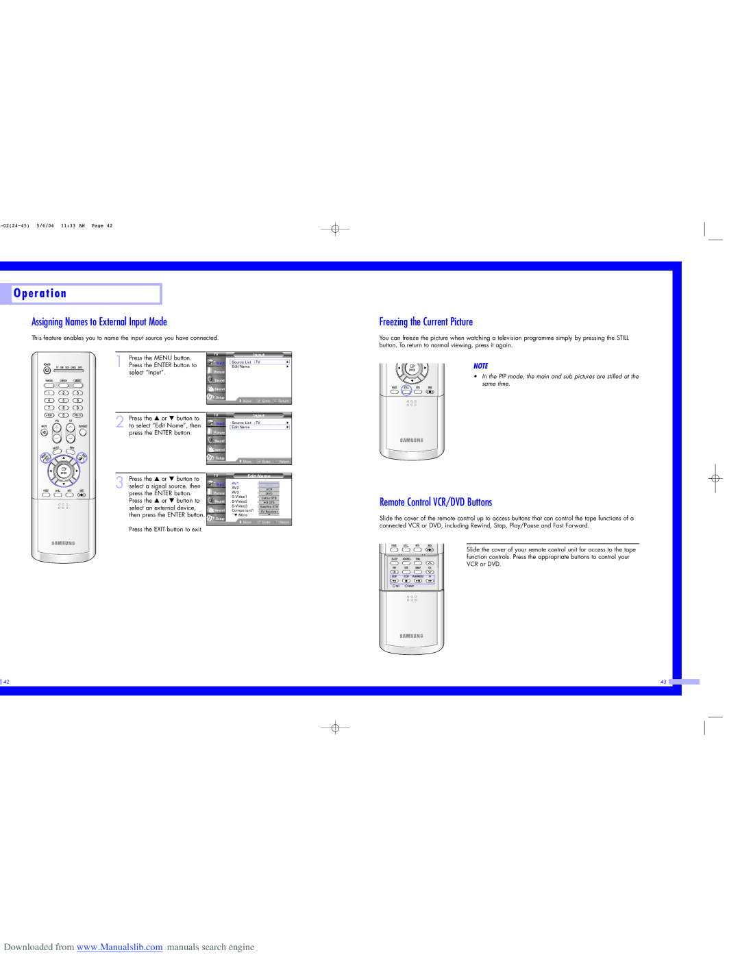 Samsung HL-P5063W Assigning Names to External Input Mode, Freezing the Current Picture, Remote Control VCR/DVD Buttons 