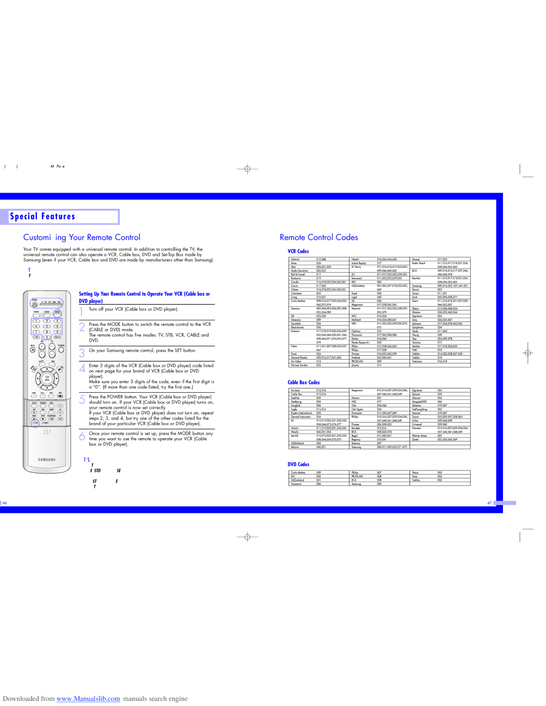 Samsung HL-P6163W, HL-P5063W, HL-P5663W Special Features, Customizing Your Remote Control, Remote Control Codes 