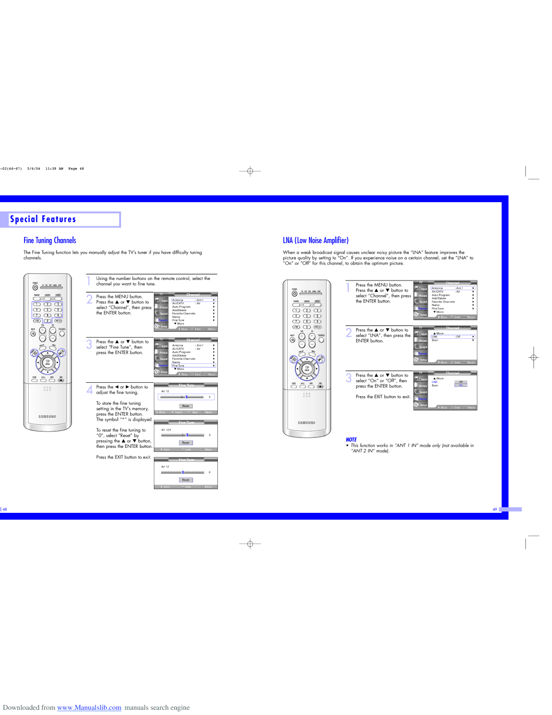 Samsung HL-P5063W, HL-P6163W Fine Tuning Channels, LNA Low Noise Amplifier, Select Fine Tune, then, Symbol * is displayed 