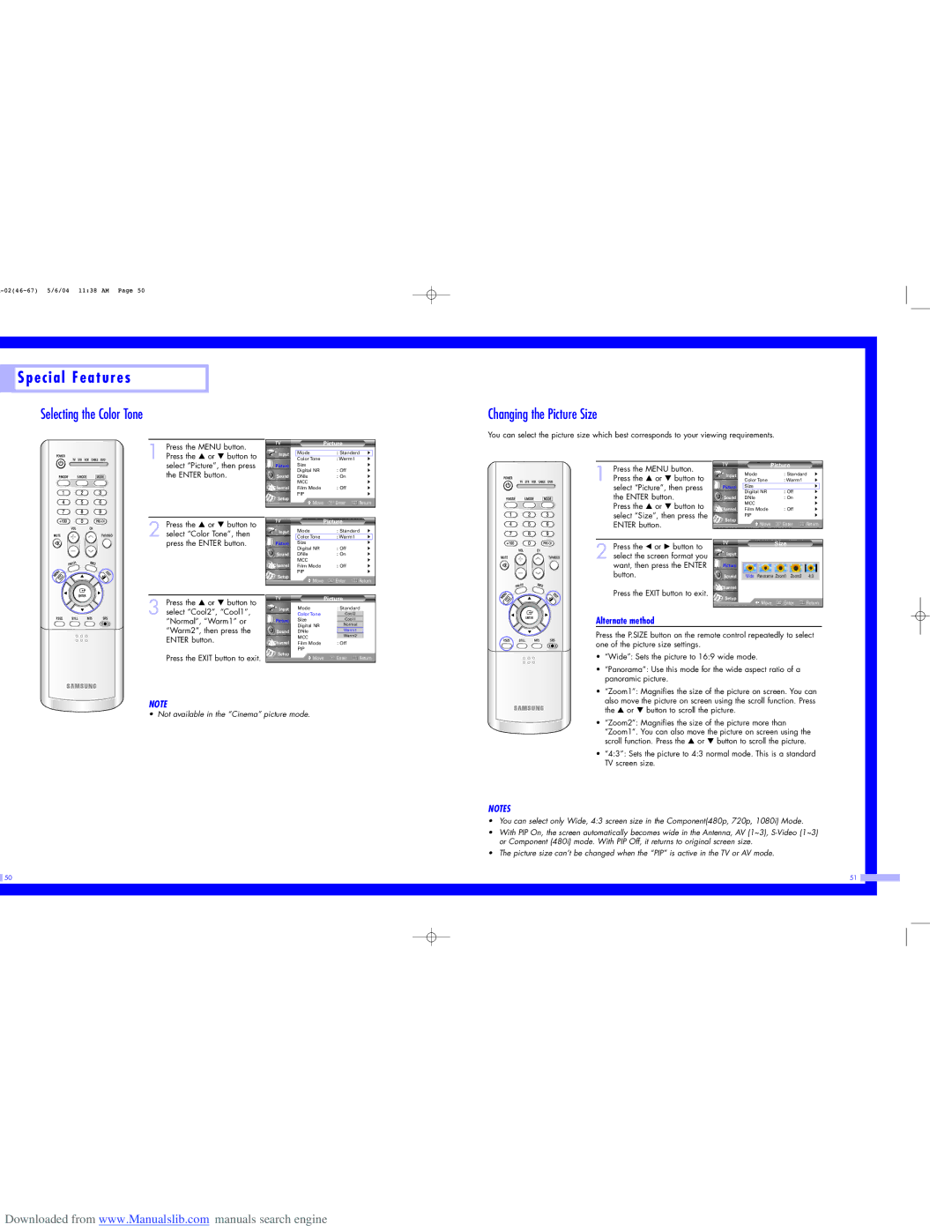 Samsung HL-P5663W, HL-P6163W, HL-P5063W Changing the Picture Size, Normal, Warm1 or Warm2, then press the Enter button 