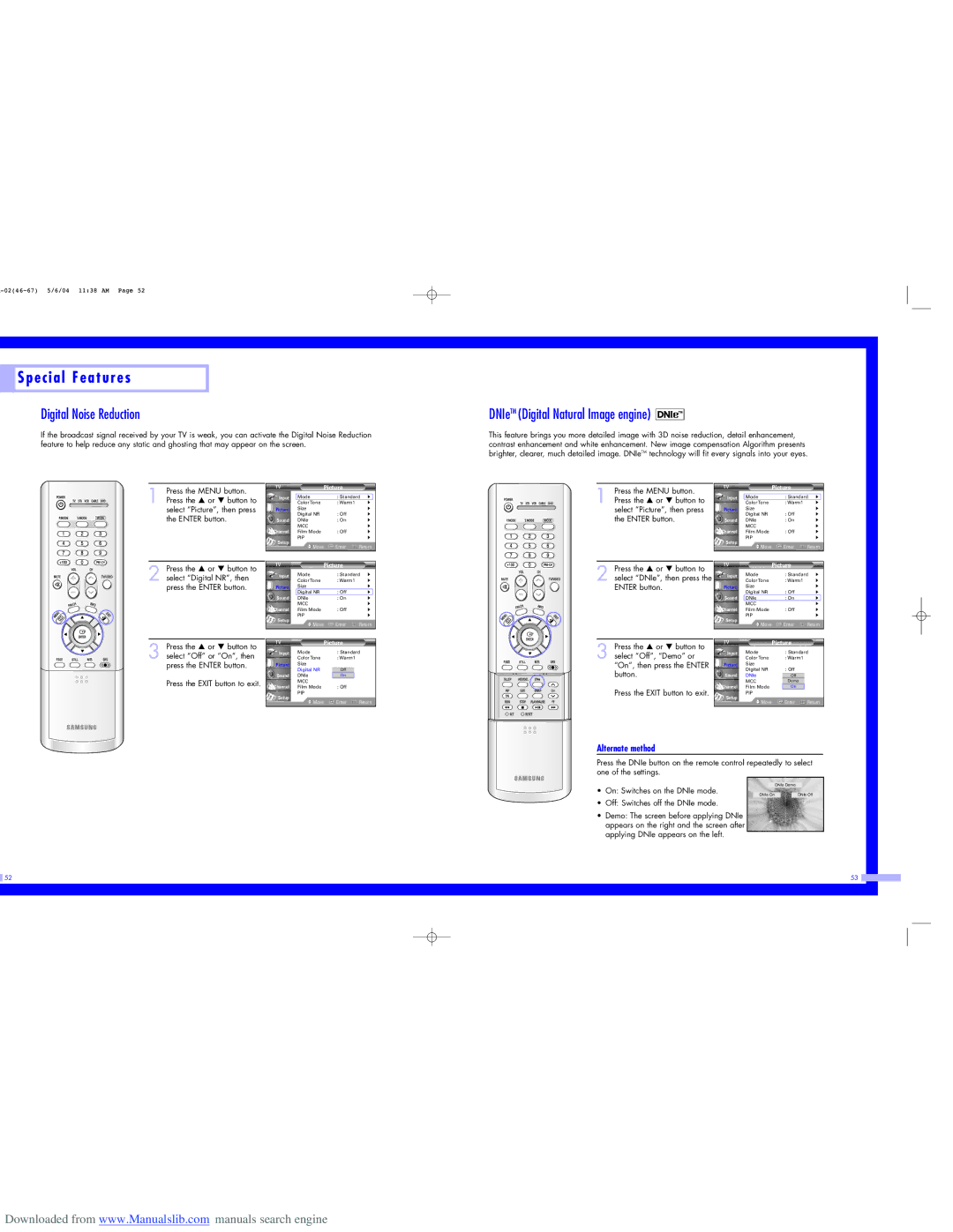 Samsung HL-P6163W, HL-P5063W, HL-P5663W Digital Noise Reduction, DNIeTM Digital Natural Image engine, Select Off, Demo or 