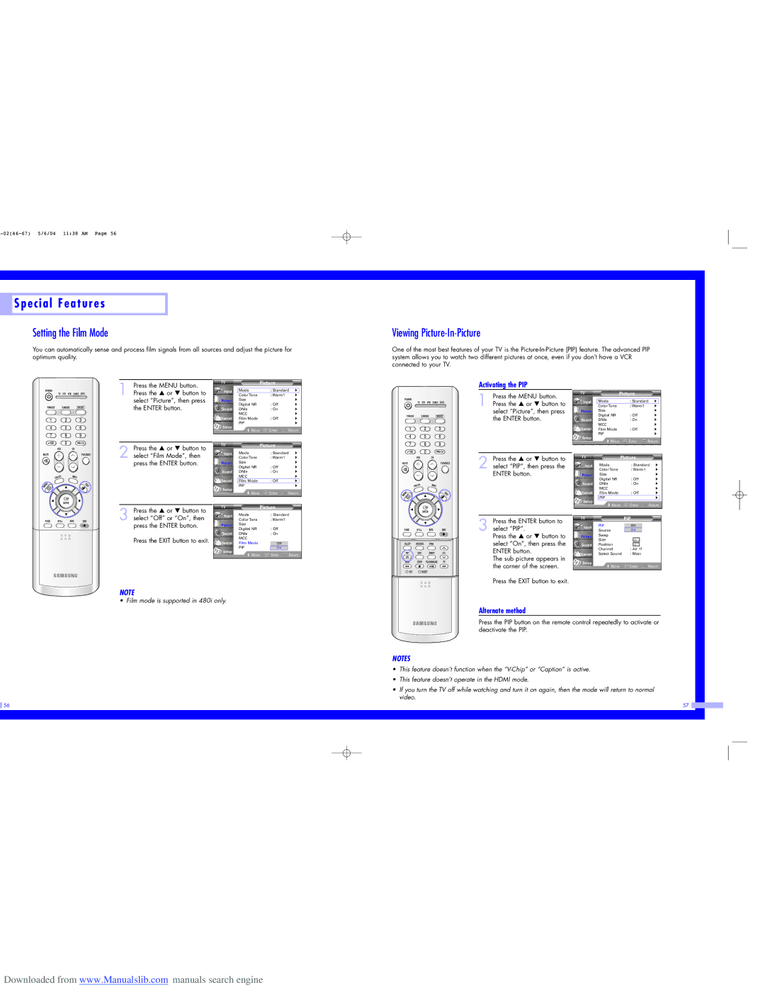 Samsung HL-P5663W, HL-P6163W, HL-P5063W Setting the Film Mode, Viewing Picture-In-Picture, Activating the PIP 