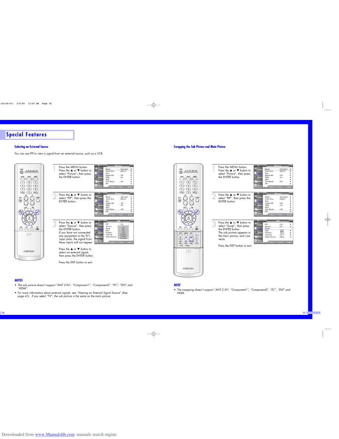 Samsung HL-P6163W, HL-P5063W, HL-P5663W Selecting an External Source, Swapping the Sub Picture and Main Picture 