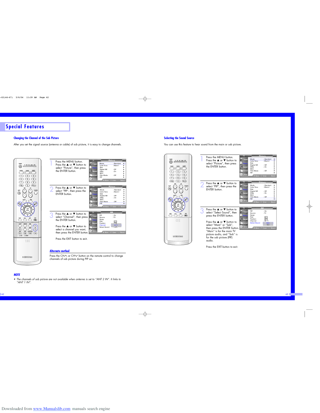 Samsung HL-P5663W, HL-P6163W, HL-P5063W Changing the Channel of the Sub Picture, Selecting the Sound Source 