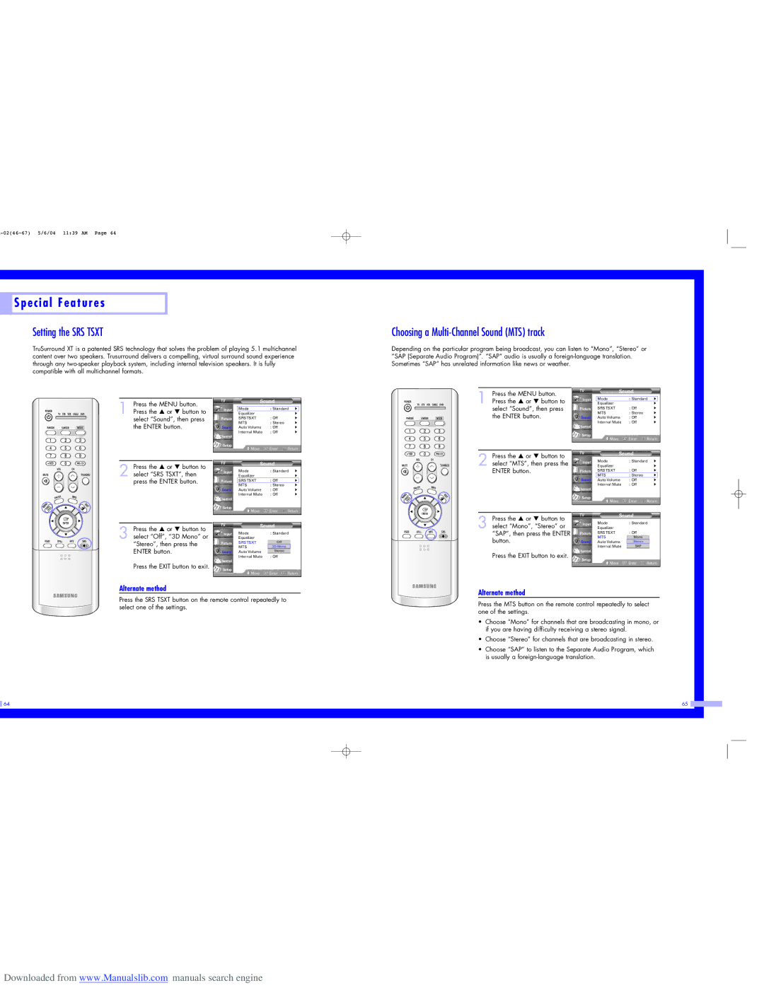 Samsung HL-P6163W, HL-P5063W Setting the SRS Tsxt, Choosing a Multi-Channel Sound MTS track, Select Off, 3D Mono or 