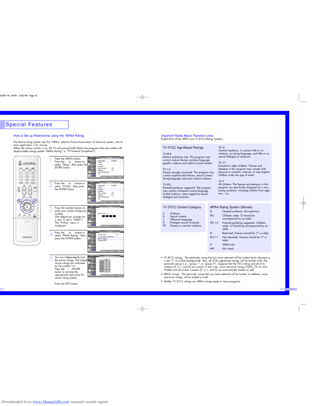 Samsung HL-P5063W, HL-P6163W How to Set up Restrictions Using the Mpaa Rating, Important Notes About Parental Locks 