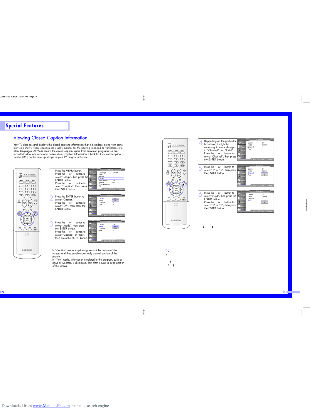 Samsung HL-P5663W, HL-P6163W Viewing Closed Caption Information, Select Field, then press, Select 1 or 2, then press 