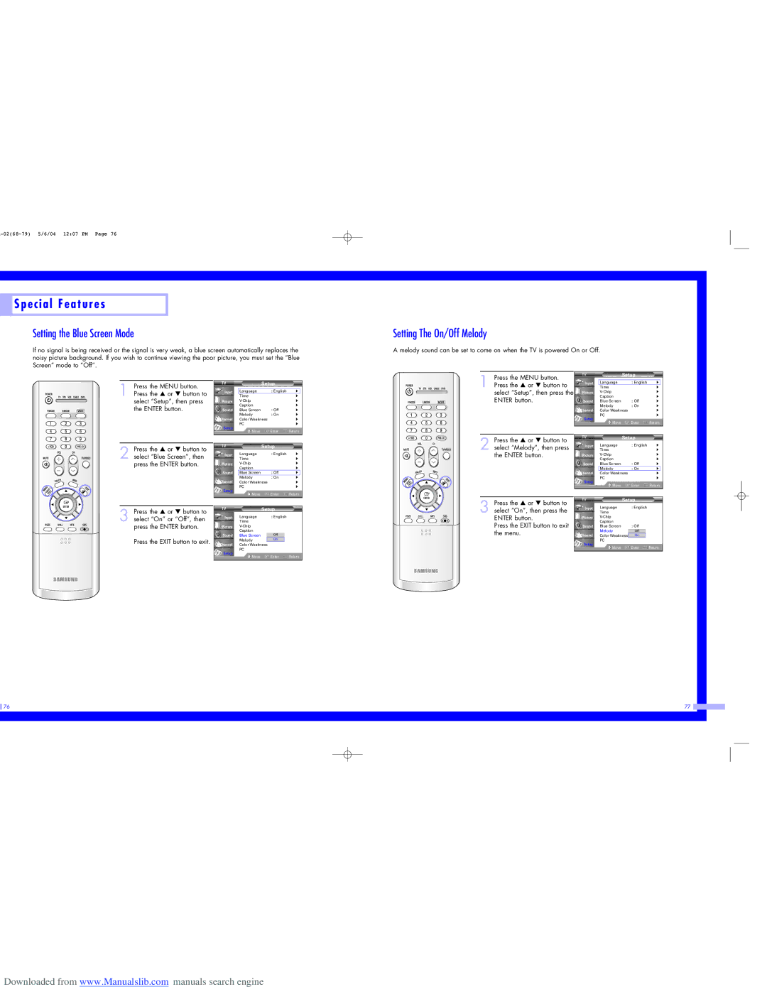 Samsung HL-P6163W, HL-P5063W, HL-P5663W Setting the Blue Screen Mode, Setting The On/Off Melody, Select Melody, then press 