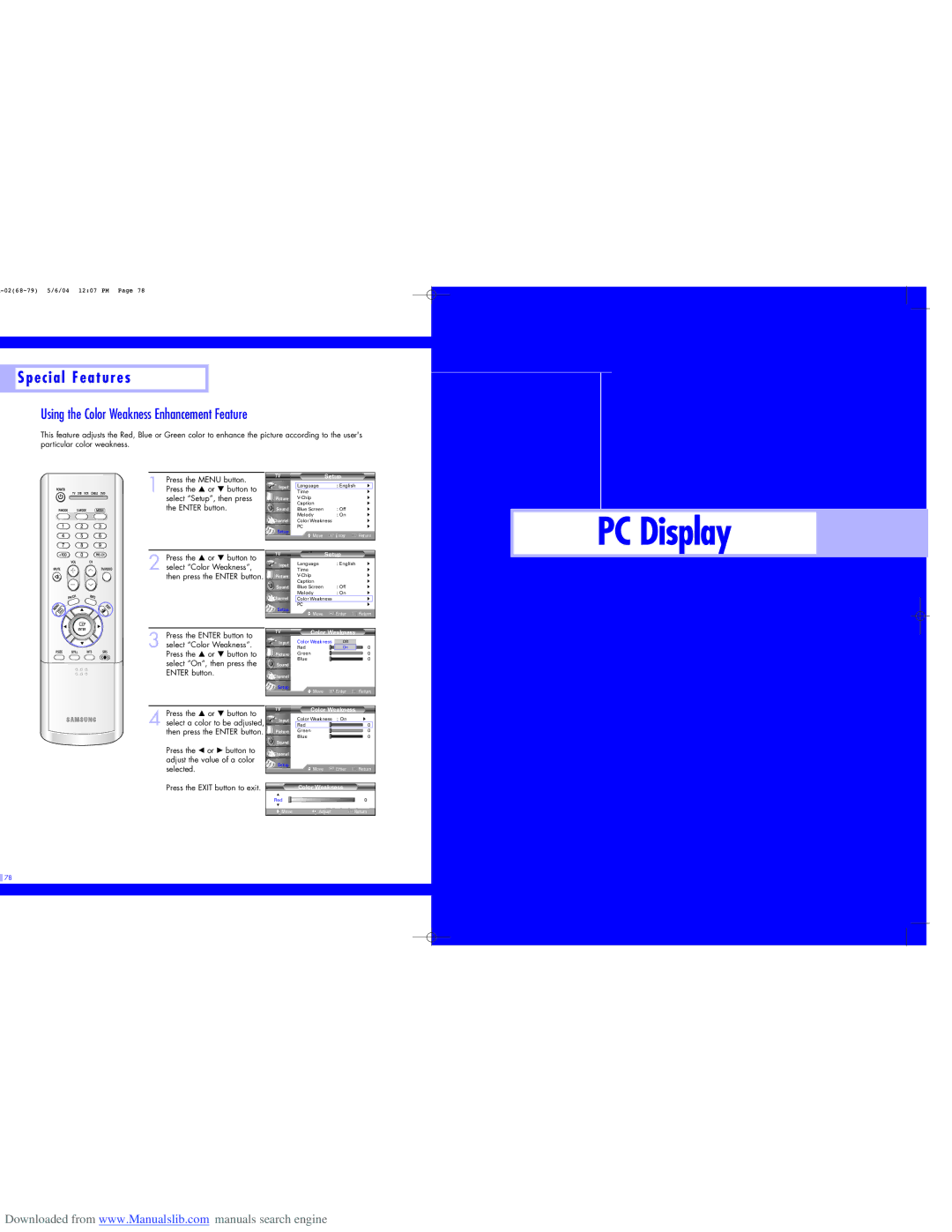 Samsung HL-P5063W, HL-P6163W, HL-P5663W Using the Color Weakness Enhancement Feature, Select Setup, then press 