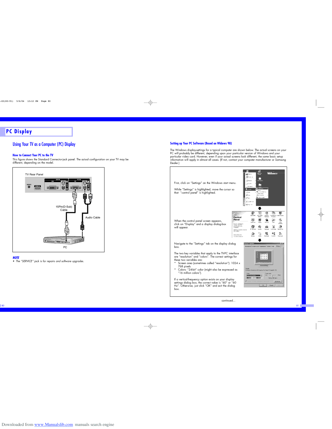 Samsung HL-P5663W, HL-P6163W, HL-P5063W Using Your TV as a Computer PC Display, How to Connect Your PC to the TV 